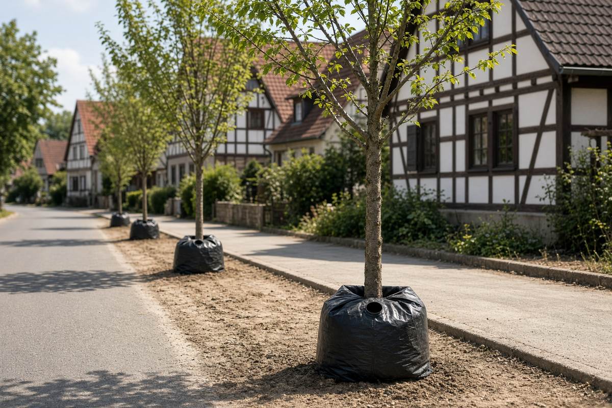 Gießsäcke an der Straße — zehn Minuten, einmal die Woche.